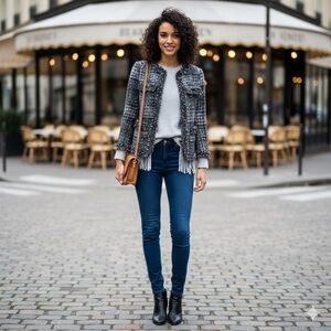 Joe Fresh Tweed Jacket Size 10 Wool Blend Fringe Trim Black White